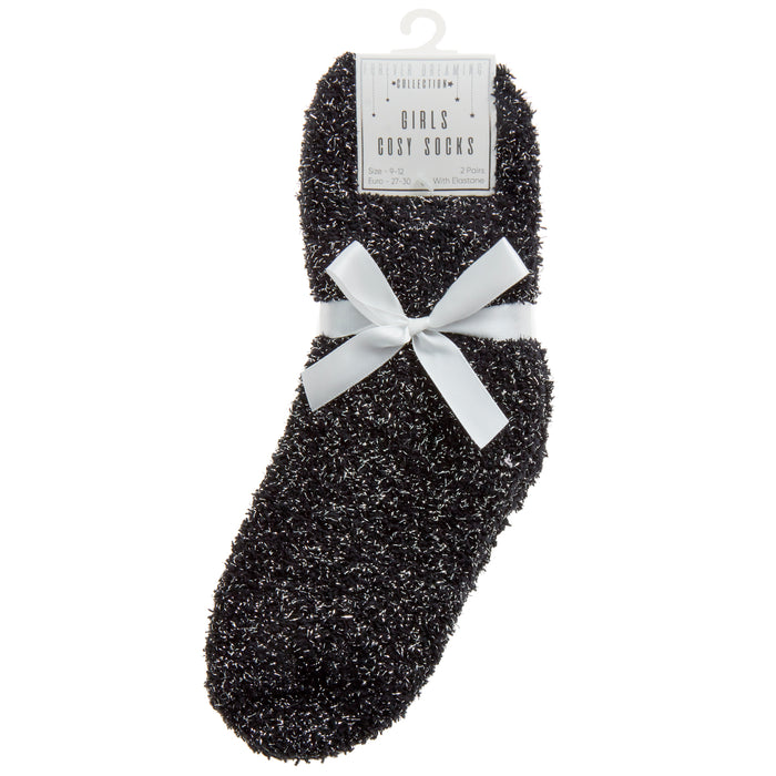 Girls Fluffy Cosy Bed Winter Socks with Glitter Black 2 Pairs