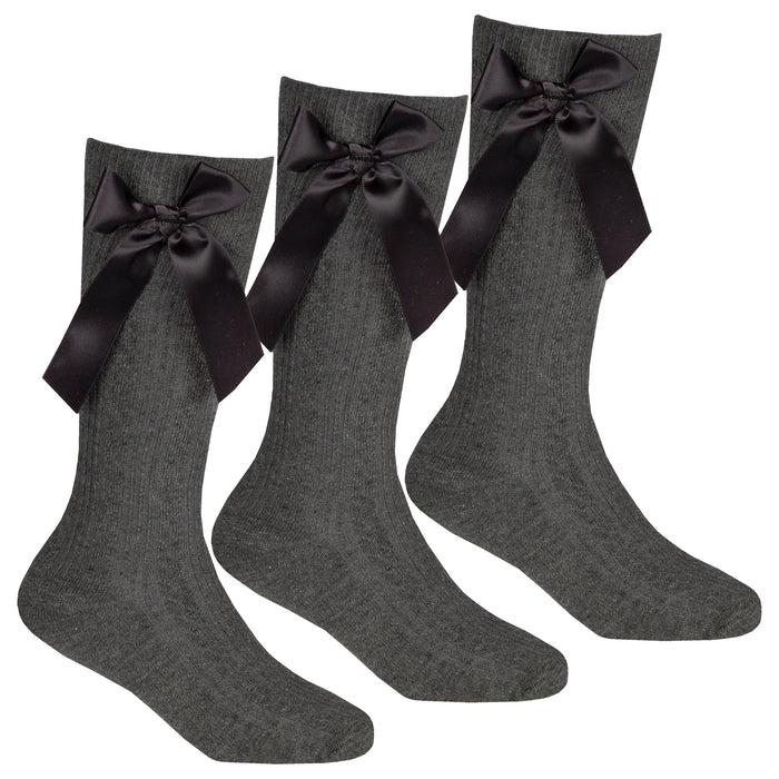 Girls Grey Knee High Socks with Bow 3 Pairs