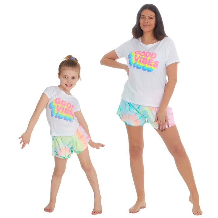 MINI ME Womens and Girls Rainbow Tie Dye Matching Pyjamas Sets