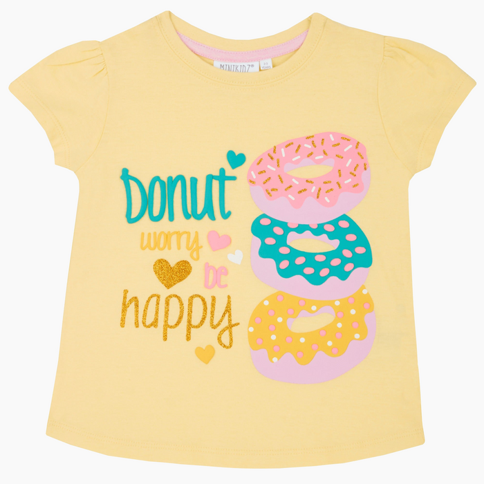 Girls Short Sleeves Donuts Printed T-Shirt Yellow