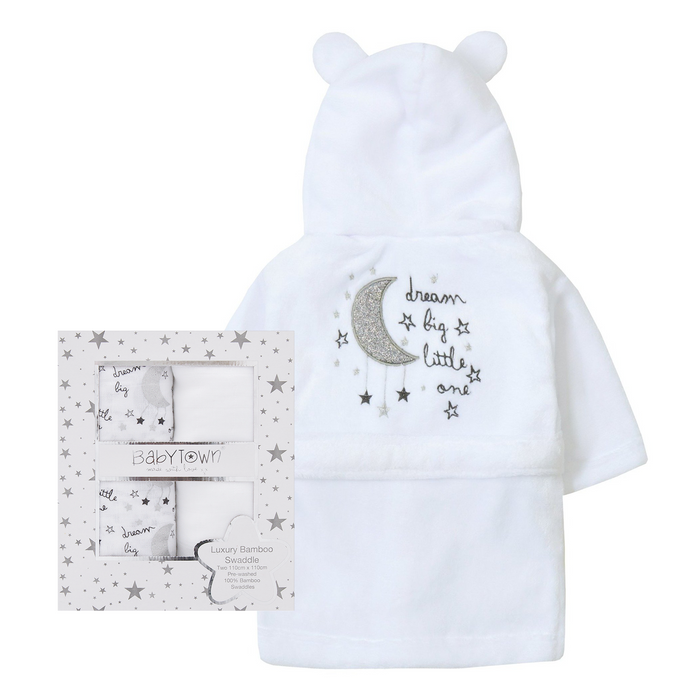 Baby White Robe and Bamboo Swaddles Set