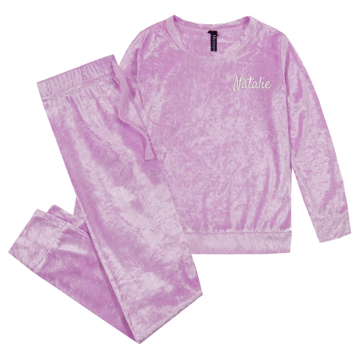 Personalised Girls Crushed Velvet Lilac Pyjama Set 