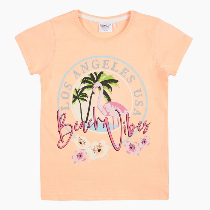 Girls Crew Neck Printed T-Shirt Coral