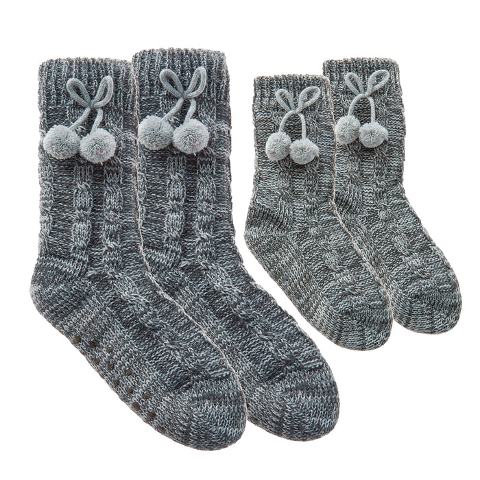 MINI ME Womens and Girls Grey Knitted Lounge Socks 2 Pairs Matching Socks