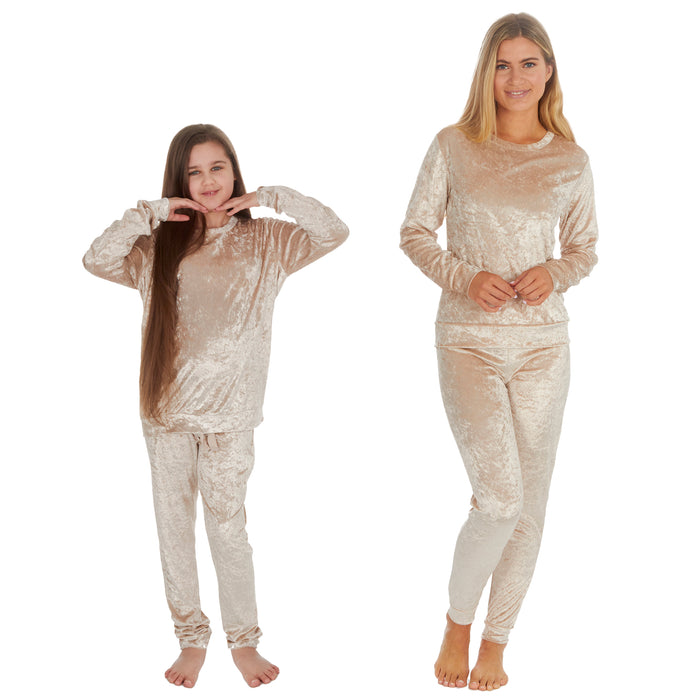 MINI ME Womens and Girls Gold Crushed Velvet Matching Pyjama Sets