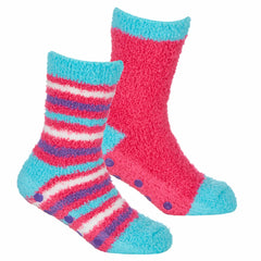Girls Fluffy Cosy Chunky Non Slip Anti Grippers 2 Pairs Dark Pink