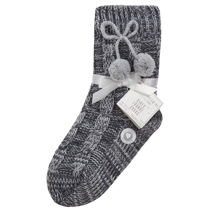 Girls Chunky Knitted Pattern Socks with Pom Pom and Grippers Grey