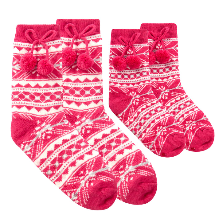 MINI ME Womens and Girls Pink/White Fair Isle Bed Socks with Grippers Matching Socks