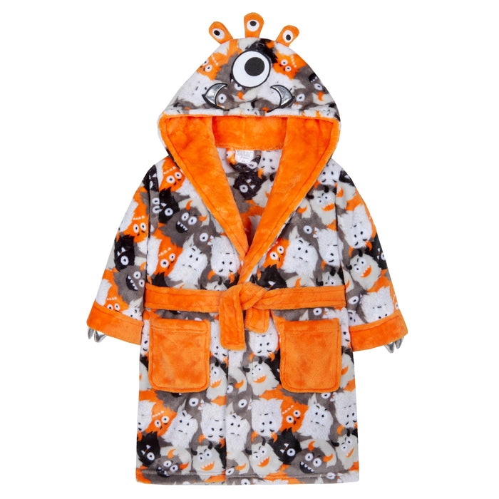 Boys Plush Fleece Monster Hooded Dressing Gown Orange