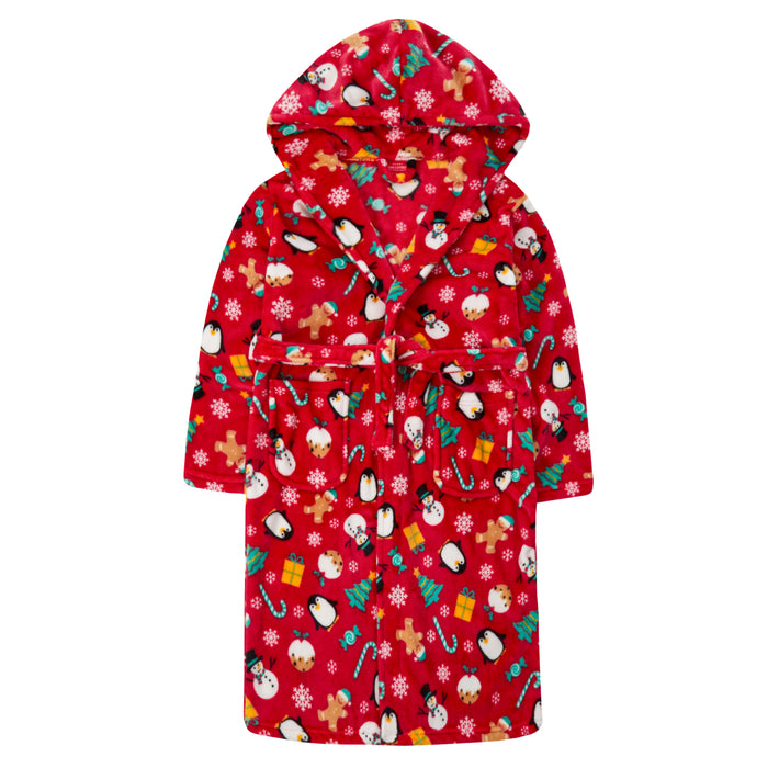 Girls Red Hooded Xmas Dressing Gown
